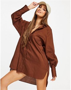 Платье рубашка шоколадно коричневого цвета в стиле oversized с объемными рукавами Threadbare