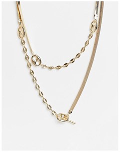 Золотистое многоярусное ожерелье с плетением в елочку и цепочкой со звеньями петельками Asos design