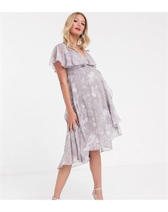 Серое платье миди с кейпом асимметричным подолом и цветочным принтом ASOS DESIGN Maternity Asos maternity