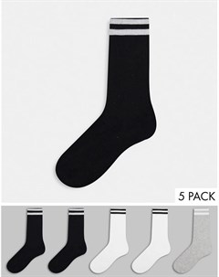 Комплект из 5 пар спортивных носков черного серого и белого цвета с 2 полосками French connection