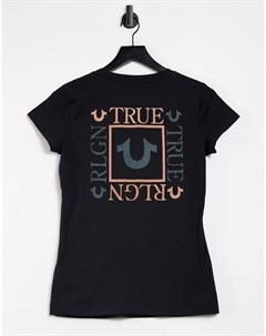 Черная футболка с V образным вырезом и квадратным принтом на спине True religion