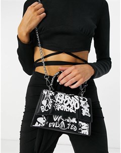 Черная сумка на плечо с короткими ручками ремешком цепочкой и принтом в стиле граффити Эго