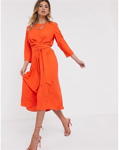 Оранжевое приталенное платье миди с поясом Asos design