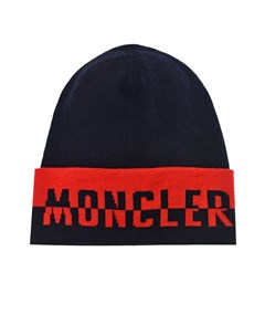 Темно синяя шапка с логотипом на отвороте Moncler