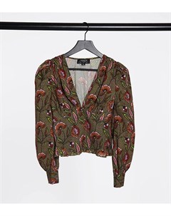 Коричневая блузка с объемными рукавами и цветочным принтом Outrageous fortune petite