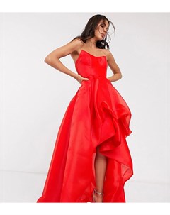 Красное асимметричное платье бандо макси из органзы Bariano