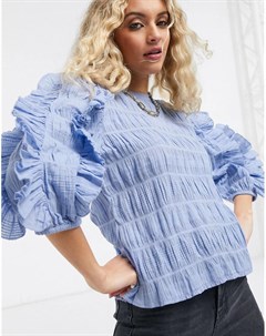 Голубая фактурная блузка с оборками Object