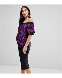Платье миди с открытыми плечами пышными рукавами и анималистическим принтом True violet maternity