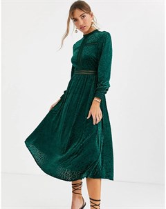 Изумрудно зеленое бархатное платье макси с длинными рукавами By malina