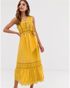 Желтое платье миди с вышивкой ришелье и завязкой Esprit
