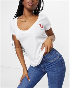 Белая футболка узкого кроя с V образным вырезом и принтом True religion
