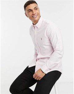 Оксфордская полосатая рубашка узкого кроя бело розового цвета с логотипом Polo ralph lauren