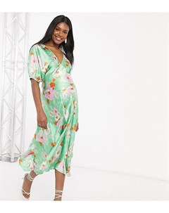 Зеленое атласное чайное платье макси с пышными рукавами и цветочным принтом ASOS DESIGN Maternity Asos maternity