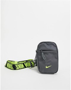 Сумка через плечо с названием бренда на ремне серого цвета с неоновой желтой отделкой Nike
