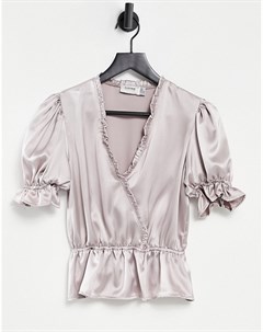 Блузка с запахом объемными рукавами и оборками цвета металлического серебра Flounce Flounce london