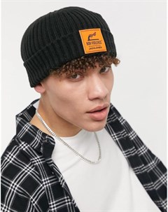 Черная шапка бини в рубчик с оранжевой нашивкой Jack & jones