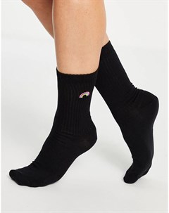 Черные носки до середины икры в рубчик с вышивкой в виде радуги Asos design