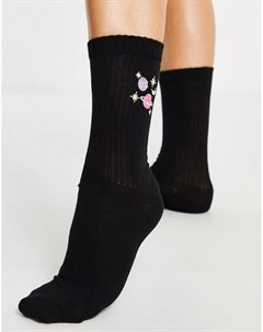 Черные носки до щиколотки в рубчик с вышивкой в виде планет Asos design