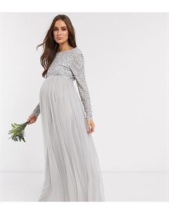 Серебристое платье макси из тюля с длинными рукавами Bridesmaid Maya maternity