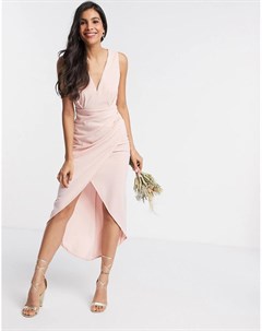 Розовое платье миди с v образным вырезом Bridesmaid Tfnc