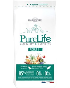 Pure Life Adult 7 беззерновой для пожилых собак всех пород с уткой и белой рыбой 12 кг Flatazor