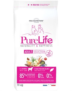Pure Life Adult Selection беззерновой для взрослых собак всех пород с ягненком и белой рыбой 2 кг Flatazor