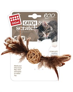 Игрушка для кошек Catch Skratch Eco Мячик с колокольчиком и перьями плетеный 13 см 1 шт Gigwi