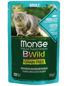 Bwild Grain Free Cat беззерновые для взрослых кошек с треской креветками и овощами в соусе 85 гр Monge