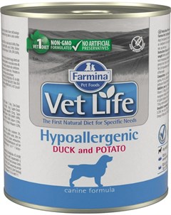 Vet Life Canin Hypoallergenic для взрослых собак при пищевой аллергии непереносимости с уткой и карт Farmina