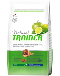 Natural Maxi Adult Dry cured Ham Rice для взрослых собак крупных пород с сыровяленой ветчиной и рисо Trainer