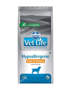 Vet Life Canin Hypoallergenic для взрослых собак при пищевой аллергии непереносимости с рыбой и карт Farmina
