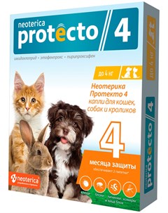 Капли для кошек и собак весом до 4 кг против клещей и блох уп 2 шт 1 уп Protecto