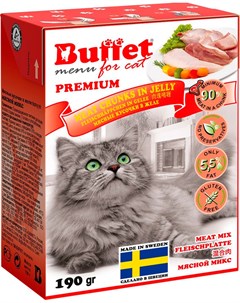 Мясные кусочки для кошек с мясным миксом в желе 190 гр х 16 шт Buffet