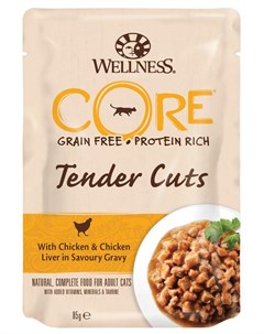Влажный корм для кошек Tender Cuts Нежные Кусочки Курицы и Куриной Печени в Пикантном Соусе 0 085 кг Wellness core
