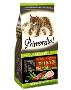 Сухой корм для кошек беззерновой с уткой и индейкой 2 кг Primordial