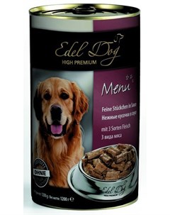 Влажный корм для собак нежные кусочки в соусе 3 вида мяса 1 2 кг Edel dog