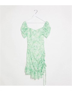 Зеленое платье мини с пышными рукавами и цветочным принтом Dark pink