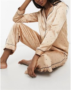 Бежевая атласная пижама в горошек Vero moda