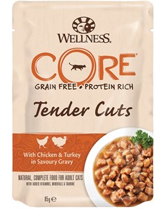 Cat Tender Cuts для взрослых кошек с нежными кусочками курицы и индейки в соусе 85 гр Wellness core