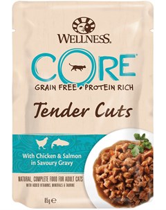 Cat Tender Cuts для взрослых кошек с нежными кусочками курицы и лосося в соусе 85 гр Wellness core