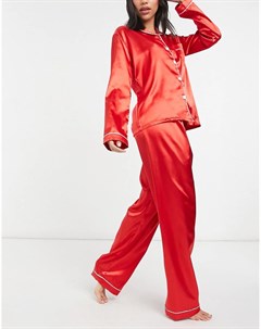 Атласный пижамный комплект красного цвета из рубашки и брюк Night