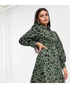 Платье рубашка мини цвета хаки с черным леопардовым принтом ASOS DESIGN Petite Asos petite