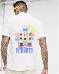Классическая рубашка с отложным воротником вышивкой пальм и принтом Miami на спине с добавлением льн Asos design