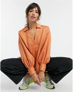 Терракотовая oversized рубашка из органического льна с разрезами по бокам Aligne