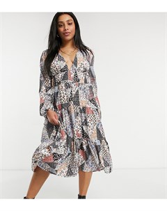 Платье миди в стиле 70 х с присборенной юбкой V образным вырезом и принтом в стиле пэчворк Skylar rose plus