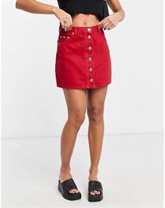Красная джинсовая юбка трапеция мини с контрастными пуговицами London Minga