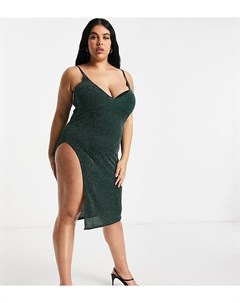 Изумрудно зеленое платье миди на бретельках из блестящей ткани с глубоким вырезом и высоким разрезом Fashionkilla plus