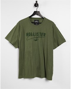 Меланжевая однотонная футболка оливкового цвета из технологичного материала с логотипом Hollister