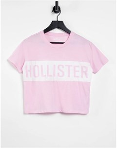 Розовая футболка с полоской с логотипом Hollister