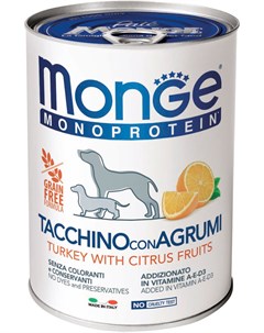 Monoprotein Fruits Dog монобелковые для взрослых собак паштет с индейкой и цитрусовыми 70014335 400  Monge
